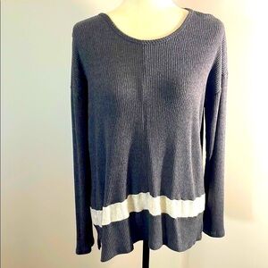 Papillon Gray & White Ribbed Long Sleeve Top, Soft Relaxed Fit Size S